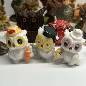 Owl Figurine Collection 24 Piece Lot Including Carved Wood And Porcelain Figures